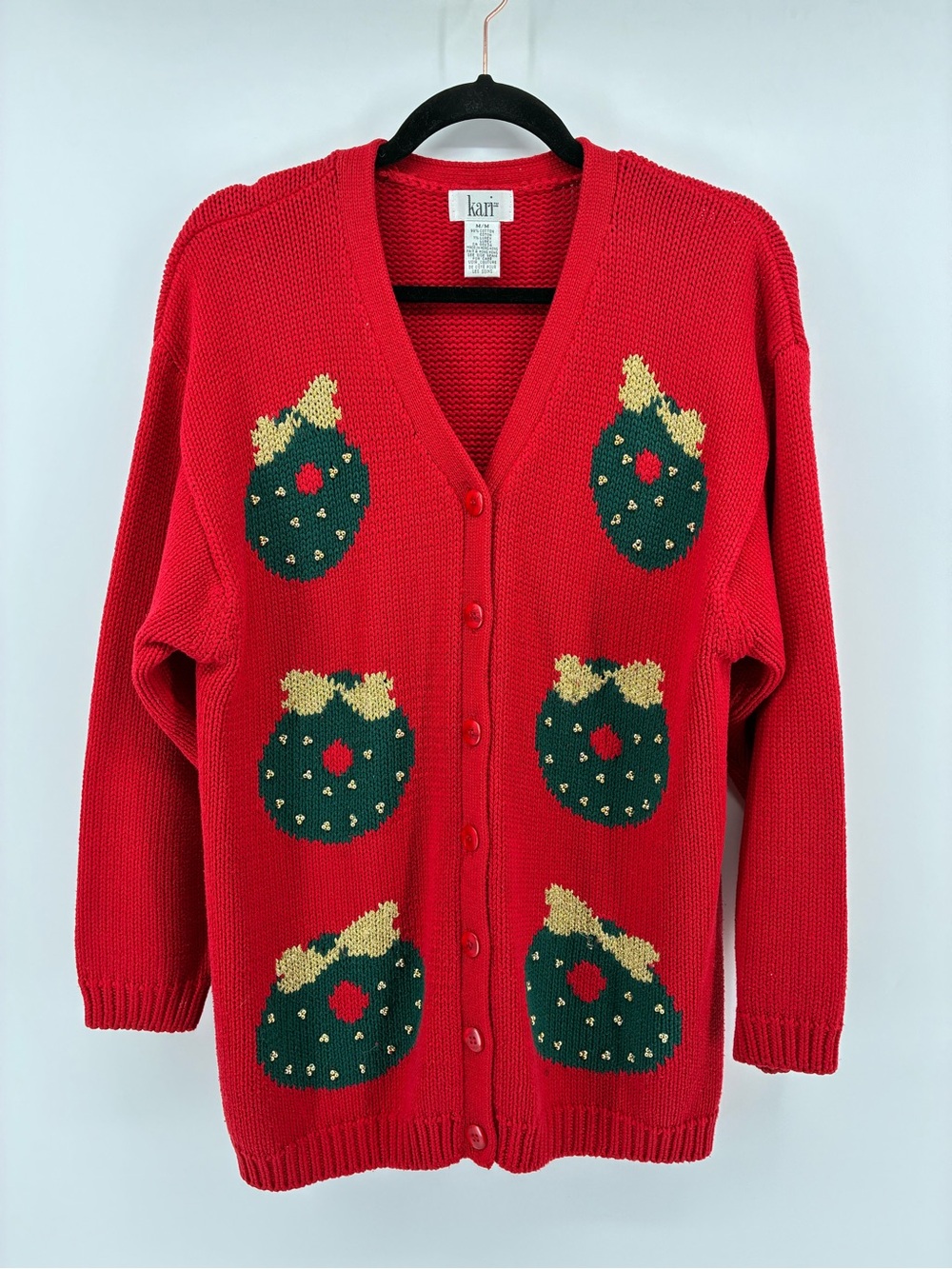 Vintage Red Knit Holiday Wreath Button-Front Sweater Cardigan